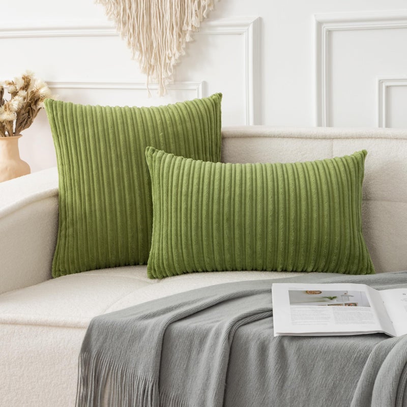 UGS UGASA UGASA Pack of 2, Velvet Pillow Covers Striped, Soft Textured Throw Cushion Case Set, Accent Corduroy Lumbar Pillowcases with Hidden Zipper for Home Decor Indoor Outdoor (12"x20", Green) - Image 2